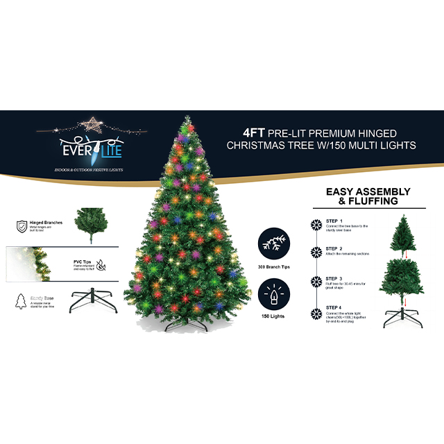 Pre-Lit Premium Hinged Christmas Tree 4Ft W/150 Clear Multi