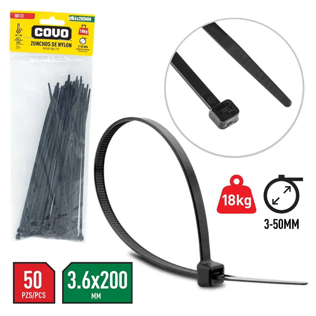 Covo Cable Ties 8" 50Pcs - Black