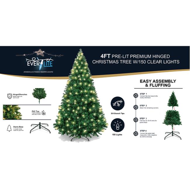 Pre-Lit Premium Hinged Christmas Tree 4Ft  W/150 Lights - Clear 