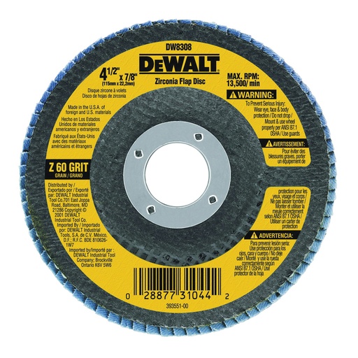 DeWalt Angle Grinder Flap Disc - Zirconia 60 Grit 4 1/2” x 7/8”