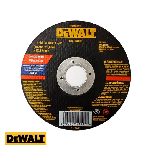 DeWalt Cutting Disc Metal 4 1/2” x 1/16” - Stainless Steel Flat 