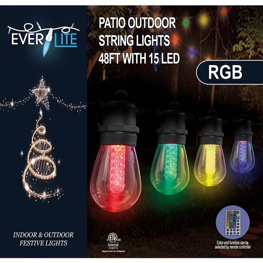 LED Outdoor Patio String Lights 48' 15CT W/Remote - RGB