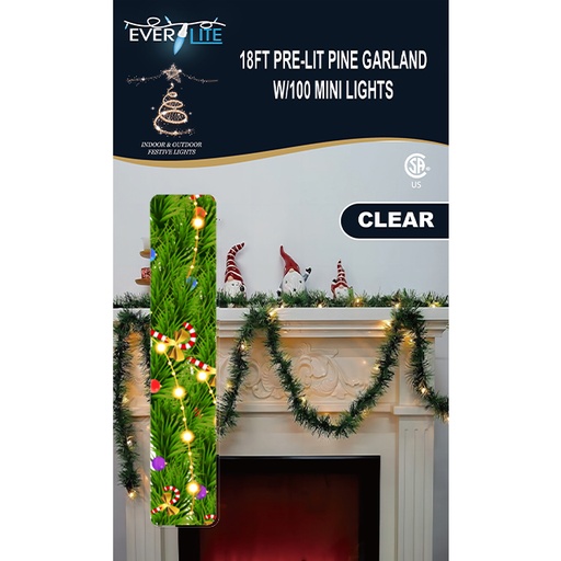 Pre-Lit Pine Garland W/100 Mini Lights 18' - Clear