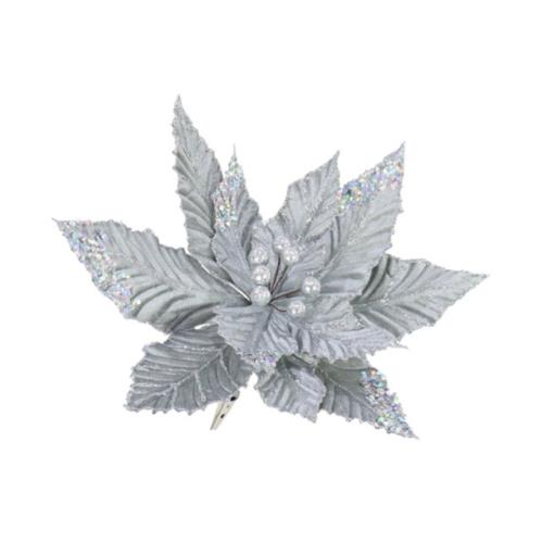 Velvet Clip On Poinsettia 30cm - Silver